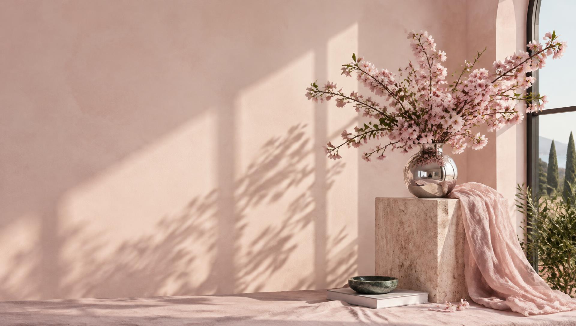 Sunlit blush studio with cherry blossoms, sculptural objects and draped fabric